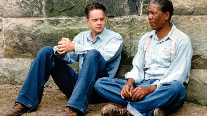 Scene from The Shawshank Redemption of Andy Dufresne, played by Tim Robbins with Elis "Red" Redding, played by Morgan Freeman.