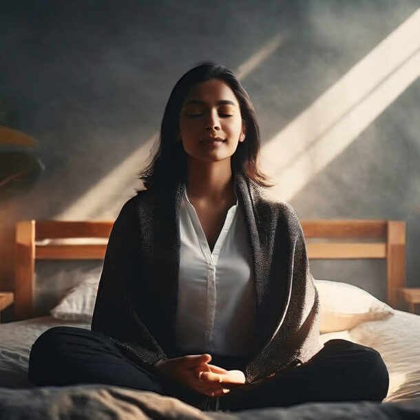 woman meditating on a bed in the morning.