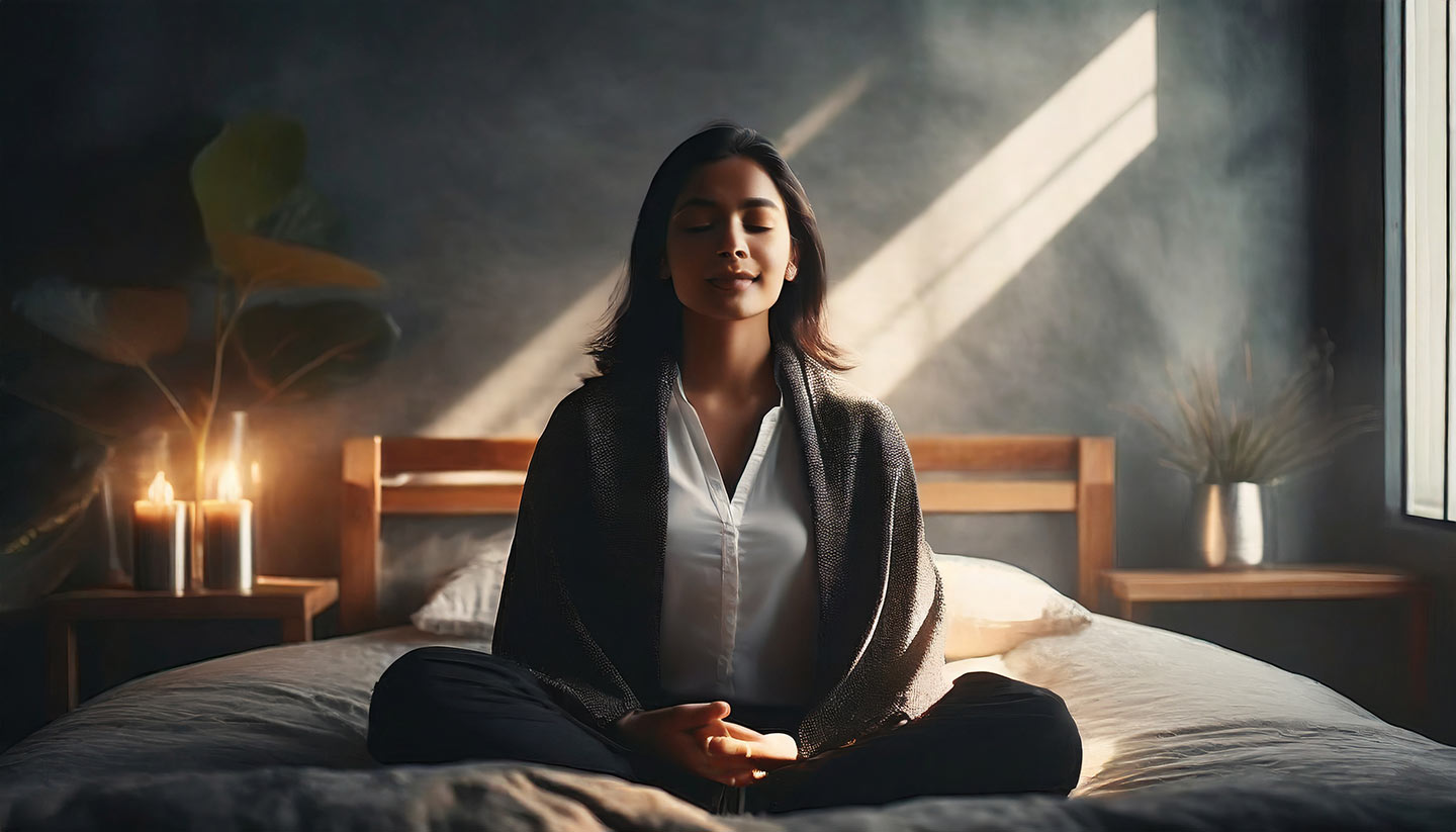 woman meditating on a bed in the morning.