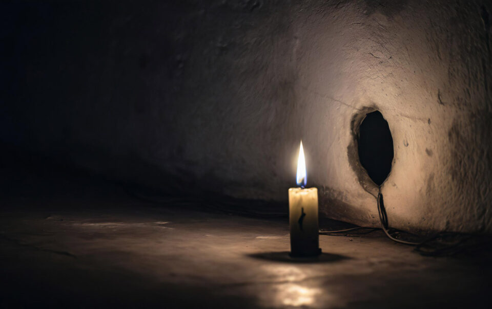 a candle in a dark room on the floor by a hole in the wall symbolizing presence in meditation.