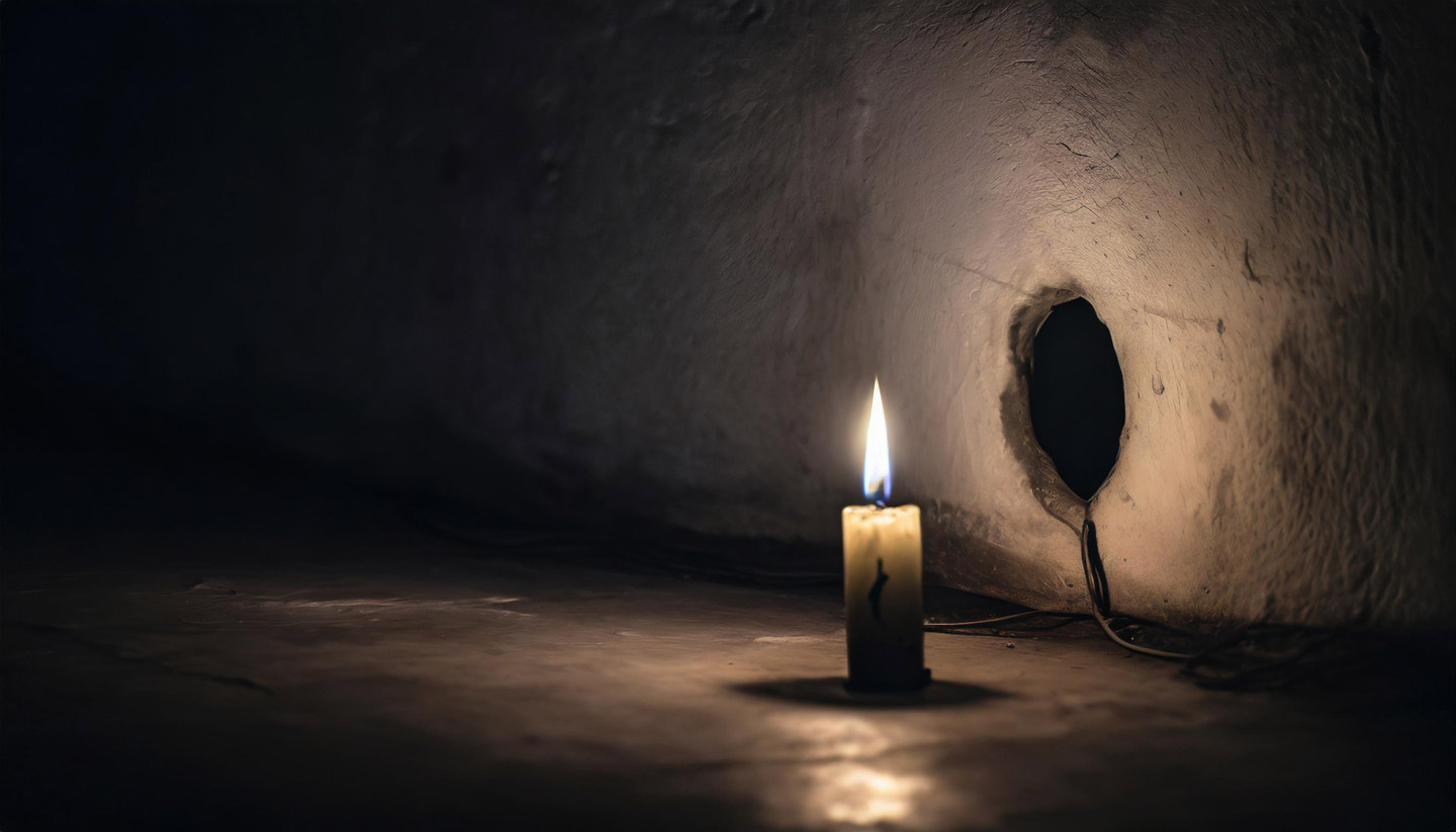 a candle in a dark room on the floor by a hole in the wall symbolizing presence in meditation.