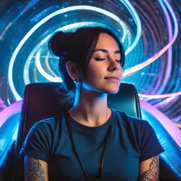 woman meditating on a chair doing the the mental video technique