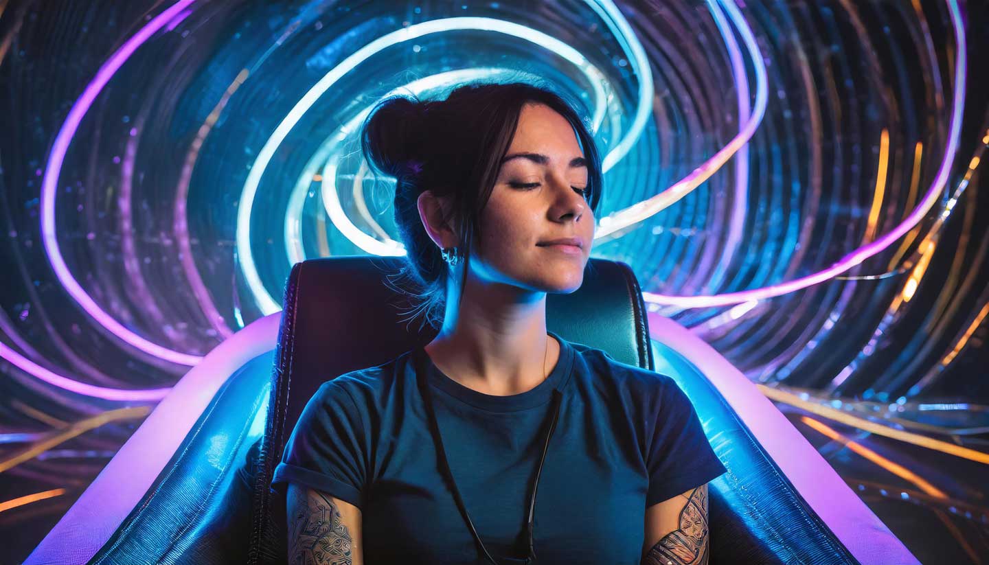 woman meditating on a chair doing the the mental video technique