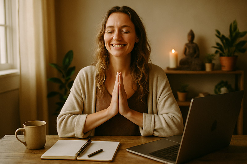 meditation in prayer pose smiling at the sight of her online business on her laptop