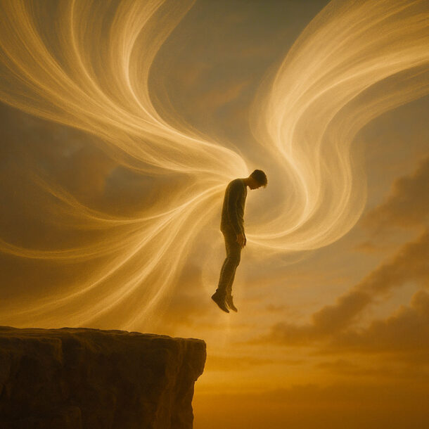 A small human figure standing on a cliff at golden hour, looking down in quiet self-pity while an enormous, ethereal wind made of volumetric particles lifts them gently upward.