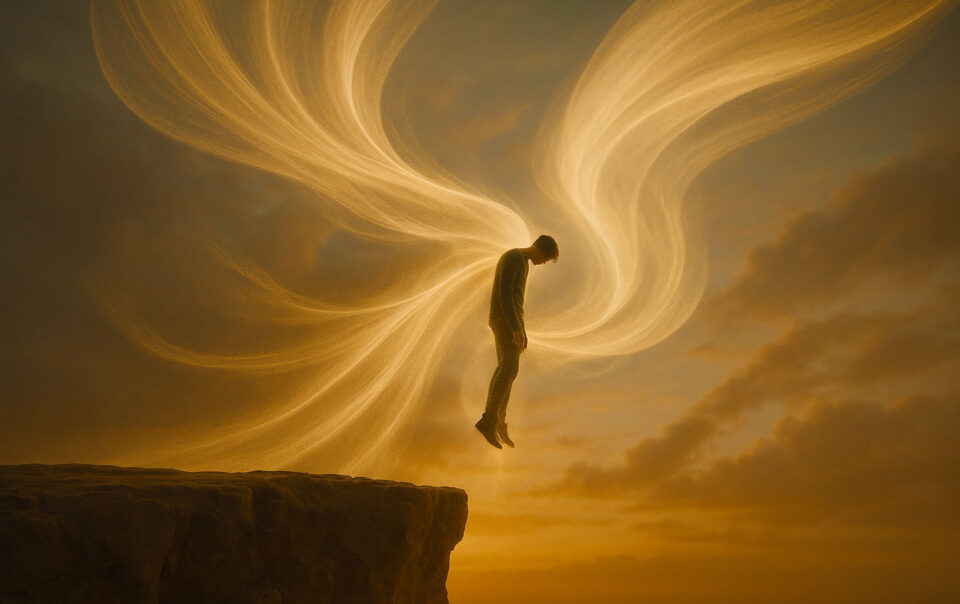 A small human figure standing on a cliff at golden hour, looking down in quiet self-pity while an enormous, ethereal wind made of volumetric particles lifts them gently upward.