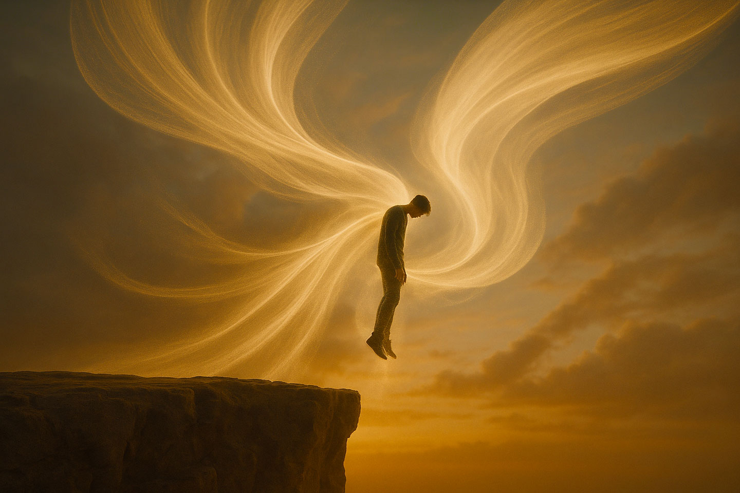 A small human figure standing on a cliff at golden hour, looking down in quiet self-pity while an enormous, ethereal wind made of volumetric particles lifts them gently upward.